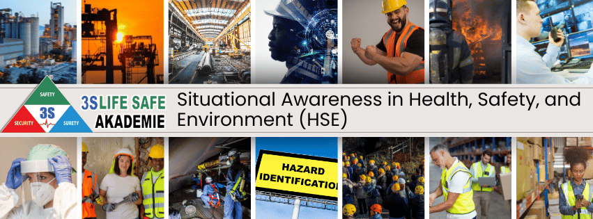 Graphic illustrating situational awareness in Health, Safety, and Environment (HSE), featuring a person actively observing their surroundings with key safety elements like hazard signs and protective equipment, symbolizing the importance of staying alert and proactive in ensuring safety.